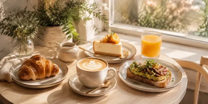 Mesa de cafetería con café, tostada y pastelería
