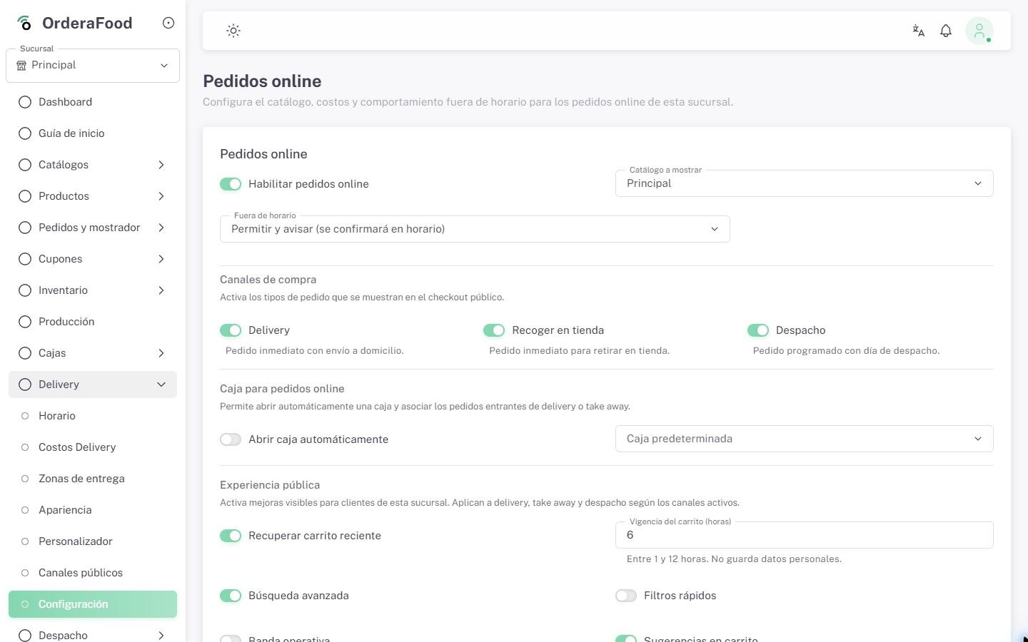 Configuración operativa del delivery